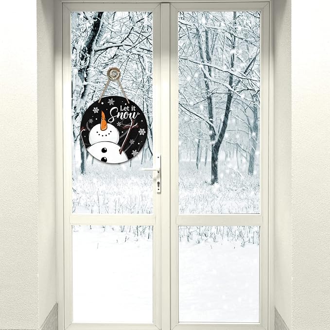 Deroro Winter Snowman Sign for Front Door Decor, Black Let It Snow Welcome Farmhouse Wood Door Hanger for Outdoor Outside Porch, Rustic Christmas Snowflakes Wooden Wreath Wall Hanging Decoration