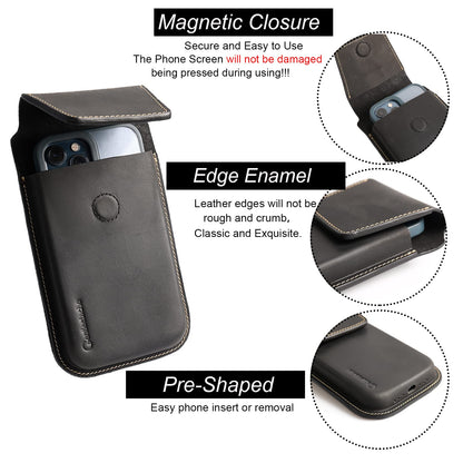 Gentlestache Leather Phone Holster for S25 S24 Ultra & Plus - Phone Holster Belt Case for iPhone 17 16 15 14 Pro Max & Plus - Magnetic Closure Belt Clip Leather Holder Pouch, XL, Black