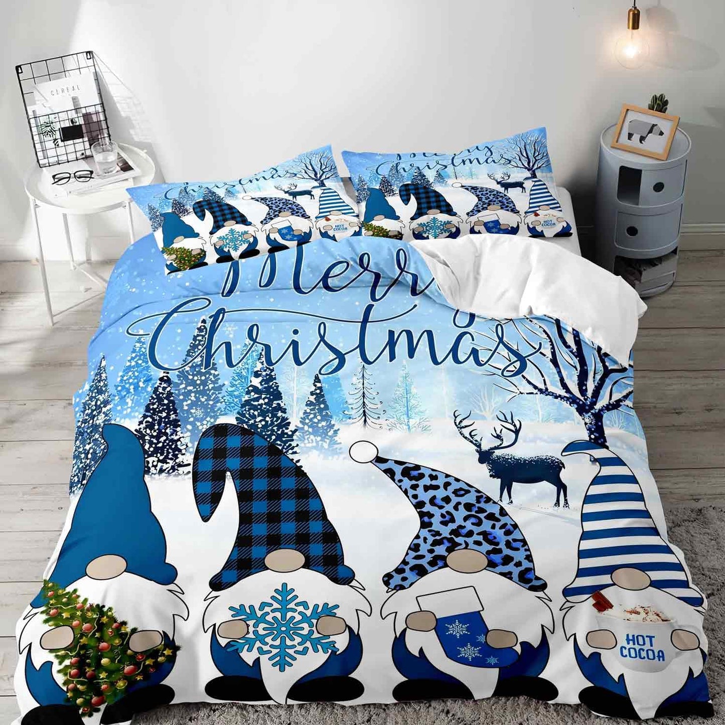LUVIVIHOME 3PCS Christmas Gnome Duvet Cover Queen, Christmas Bedding Holiday Christmas Tree Snowflake Reindeer Tomte Elf Plaid Striped Leopard Print Blue Comforter Bedspread Quilt Cover 2 Pillow Cases