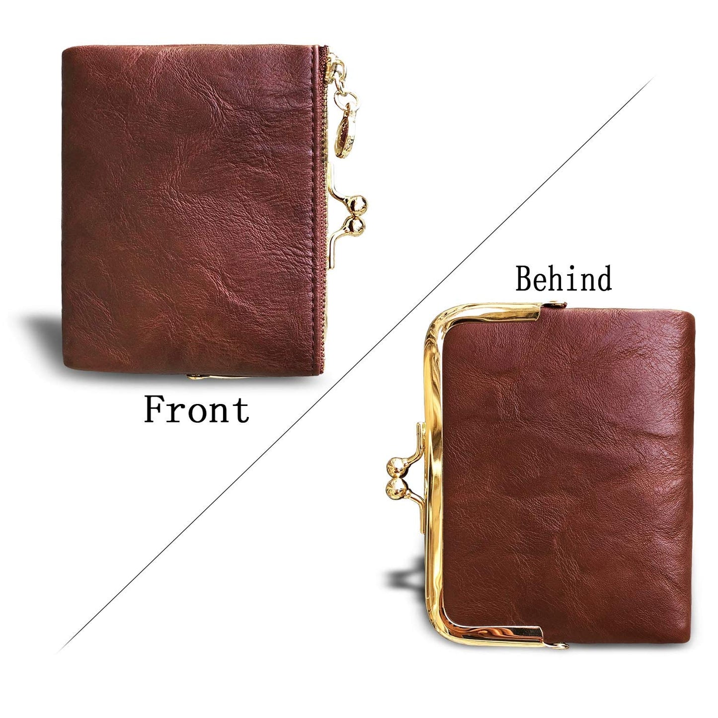 PofeeXIO Womens Wallet RFID Small Compact Bifold Leather Vintage Wallet,Ladies Coin Purse with Zipper and Kiss Lock (Brown)