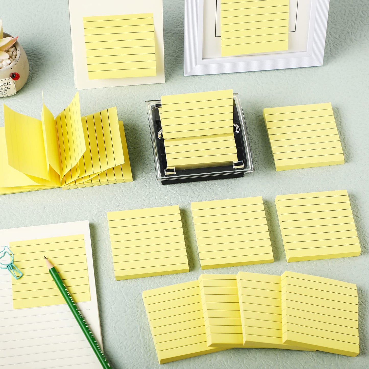 Thenshop 10 Pads Pop up Sticky Notes with 1 Pack Pop up Note Dispenser Note Holder Black Base Clear Top Self Stick Memo Ruled Adhesive Notes 3x3 Ruled Memo Pads Refills 100 Sheet/pad