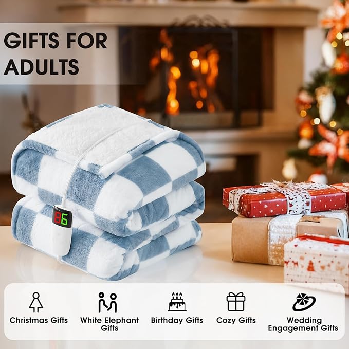 Heated Electric Blanketc Throw, 50X60 Heating Blanket with 10 Heat Levels & 8 Hours Auto Off for Lap, Misty Blue Checkered Plaid Soft Sherpa Blankets Warmer Gifts for Couch Grandma Women Adults