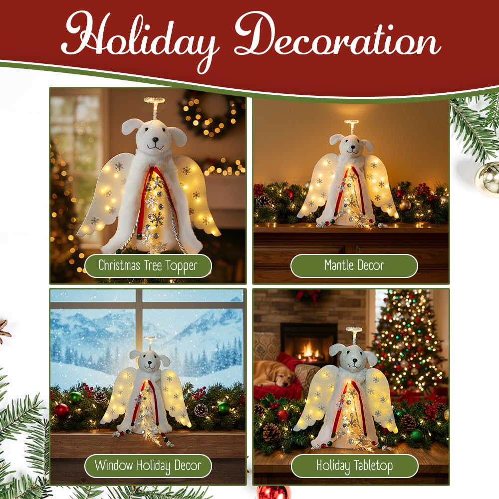 iHeartDogs Christmas Tree Topper Decoration - The Original Dog ‘Christmas Miracle’ Angel Dog Tree Topper LED Lighted Halo, Snowflake Garland & Wings Decor Ornament, Holiday Decoration