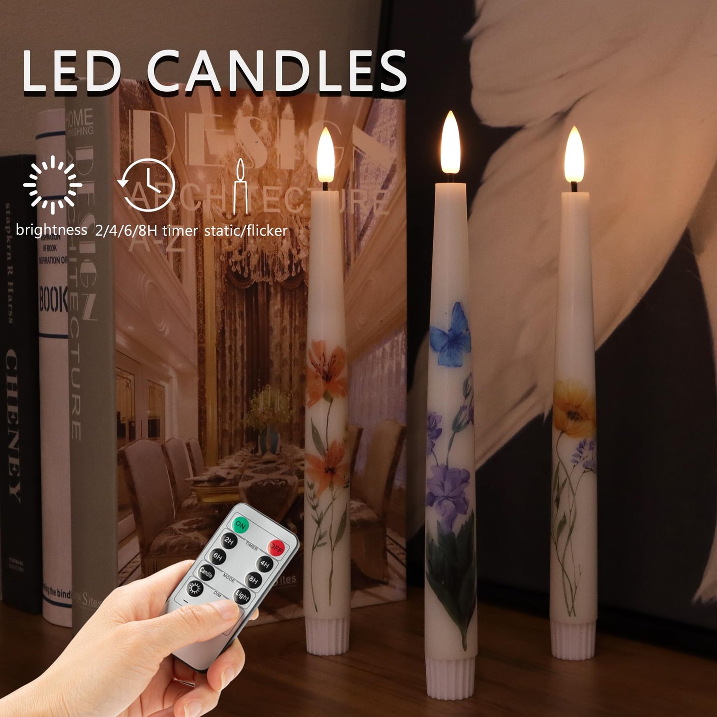 AFINETH Spring Flameless Taper Candles with Flowers, 9.6" Real Wax LED Candles with Remote, 3 Pack Flickering Candlesticks Battery Operated, Fake Candle for Home, Wedding, Party Decor