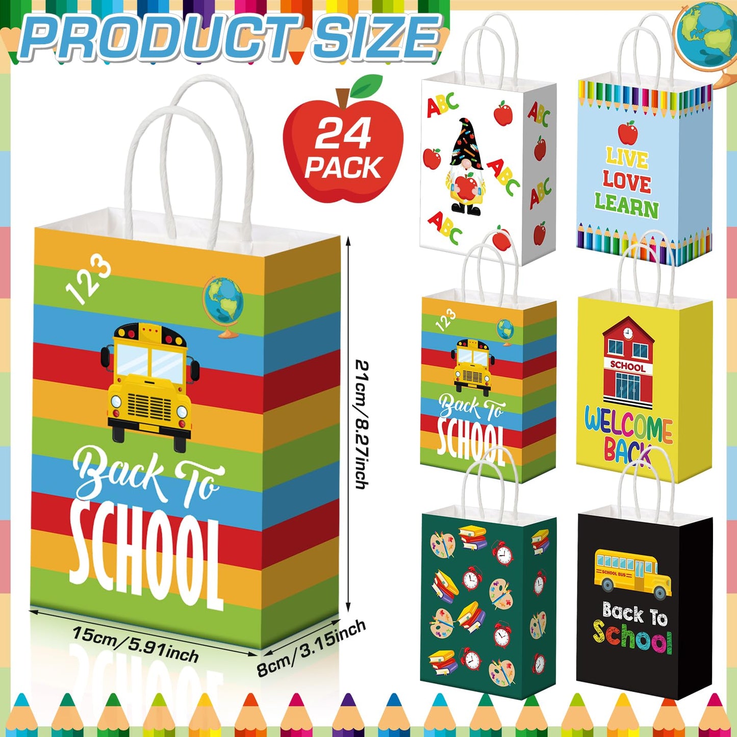 Kolldenn 24 Pcs Welcome Back to School Gift Goodie Bags with Handles First Day of School Party Favors Bags Paper Book Pencil Bus Gnome Candy Treat Pouch for Classroom Party Decorations Supplies