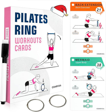 Pilates Ring Workout Cards - 58 Exercises & 4-Week Challenge | Includes 2 Rings & Mat for Home or Gym