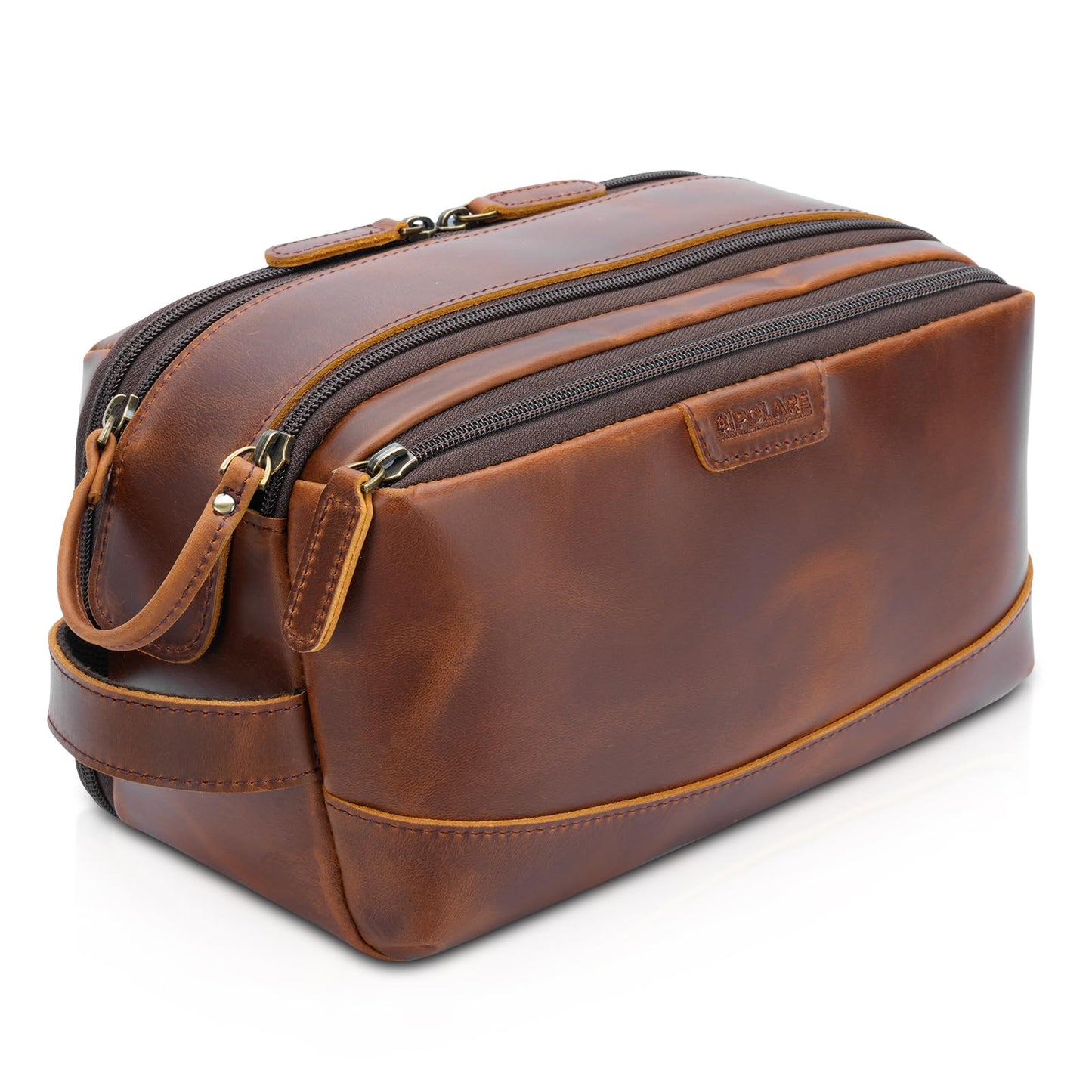 Polare Full Grain Leather Toiletry Bag for Men Large Travel Cosmetic Case Dopp Kit Shaving Kit Wash Pouch with YKK Zippers (Brown)