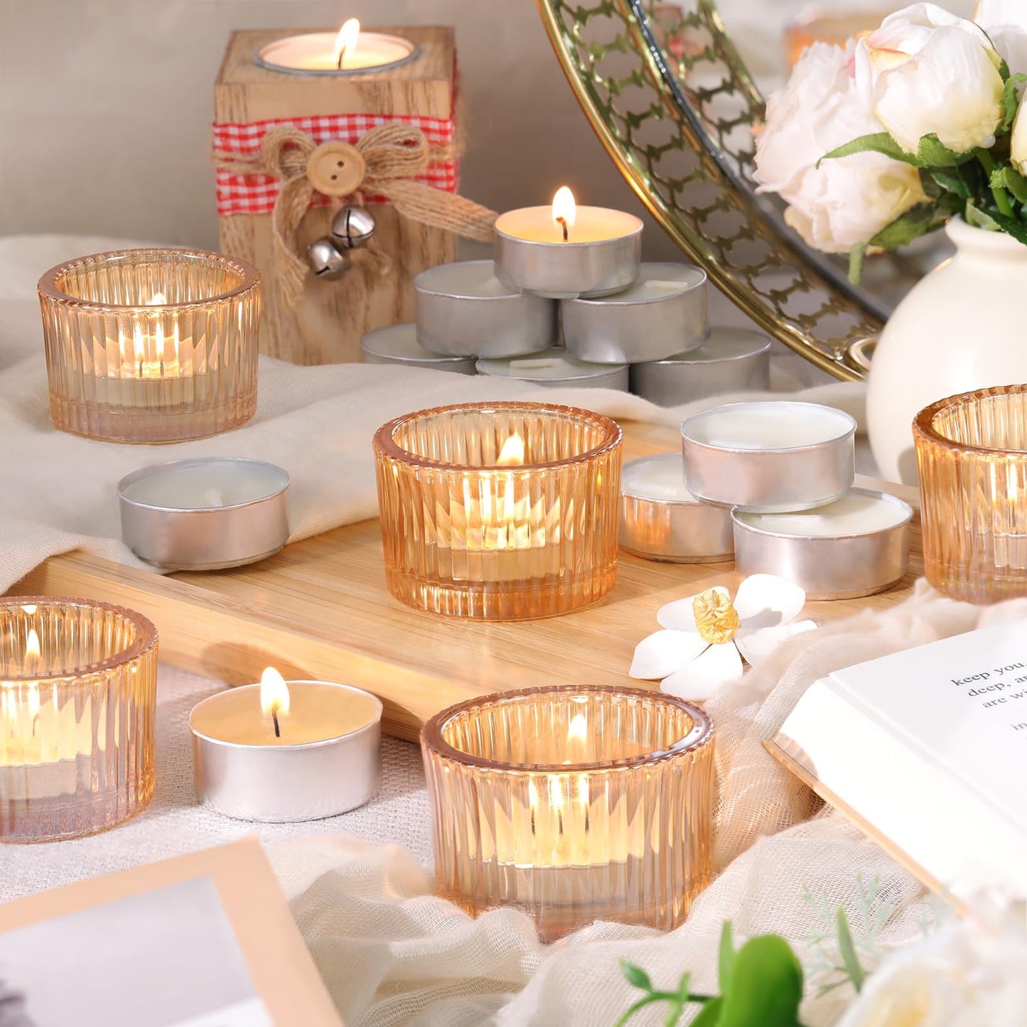 HAVITI 18 Pcs Gold Tealight Candle Holders with 18PCS Tealights, Glass Votive Candle Holders Set for Table Centerpiece, Home Decor and Party Supplies