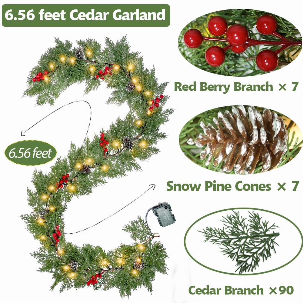 Christmas Garland Lights 6.56FT 40 LED Battery Operated Lighted Garlands with Timer Red Berry Pinecone Cypress Pine Garlands Wreath Christmas Decor for Mantel Stairs Porch Indoor Outdoor Home Decor