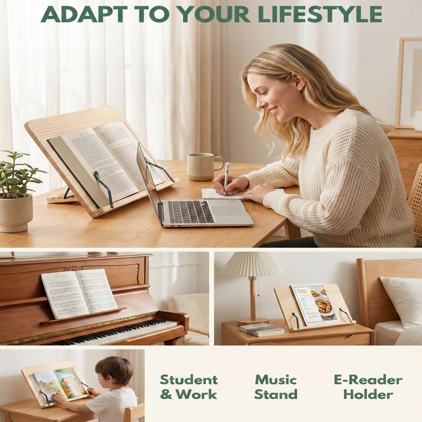 Reading Rack Wooden Bookshelf - Book Stand Foldable with 8 Adjustable Positions and Page Clips,Suitable for cookbooks、iPads、laptops、Sheet Music、and Reading Stands (15x11.4inch)
