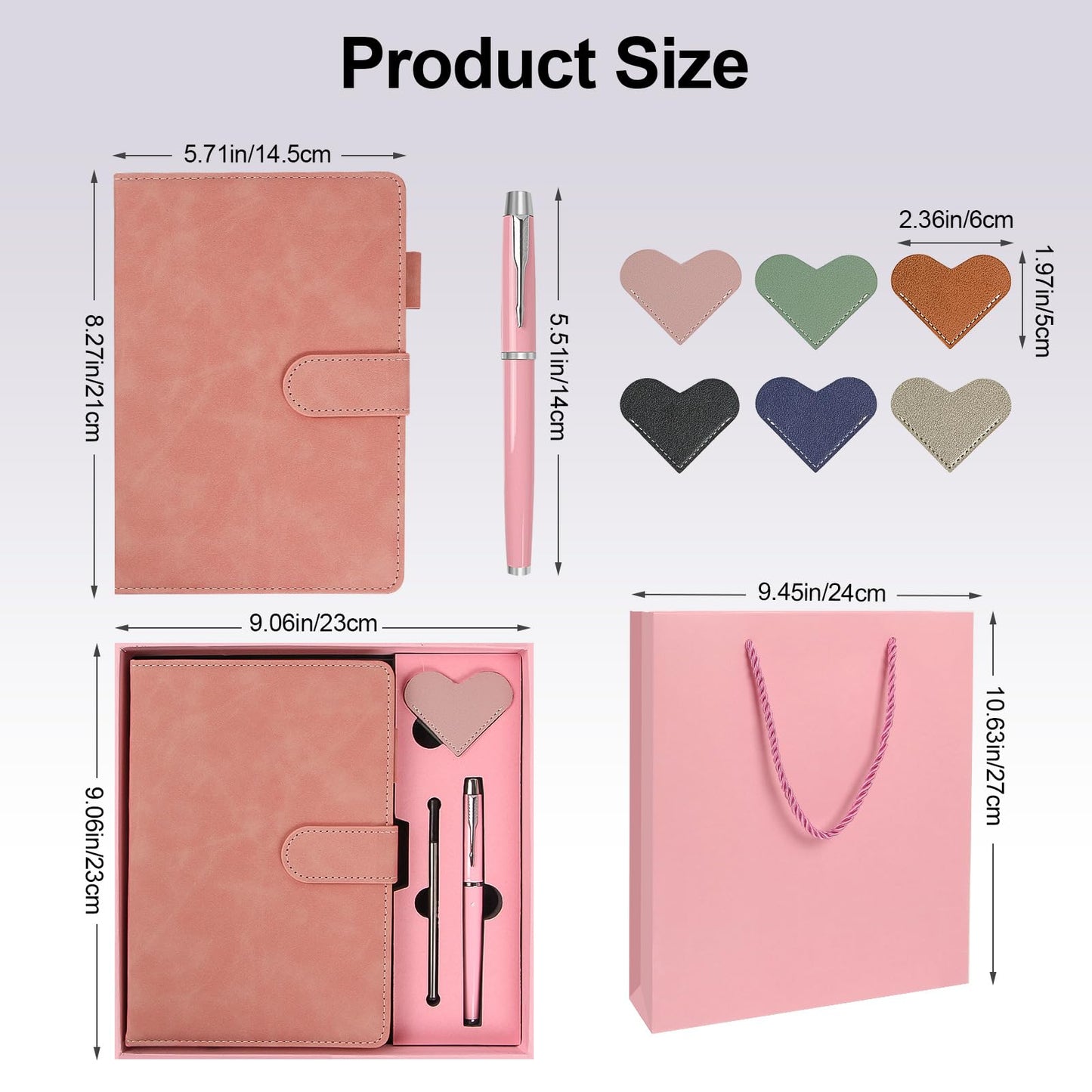 Ciyanwcx Leather Notebook Gift Set - A5 Hardcover Journal with Pen & 6 Heart Bookmarks, Gift Box + Bag (Pink)
