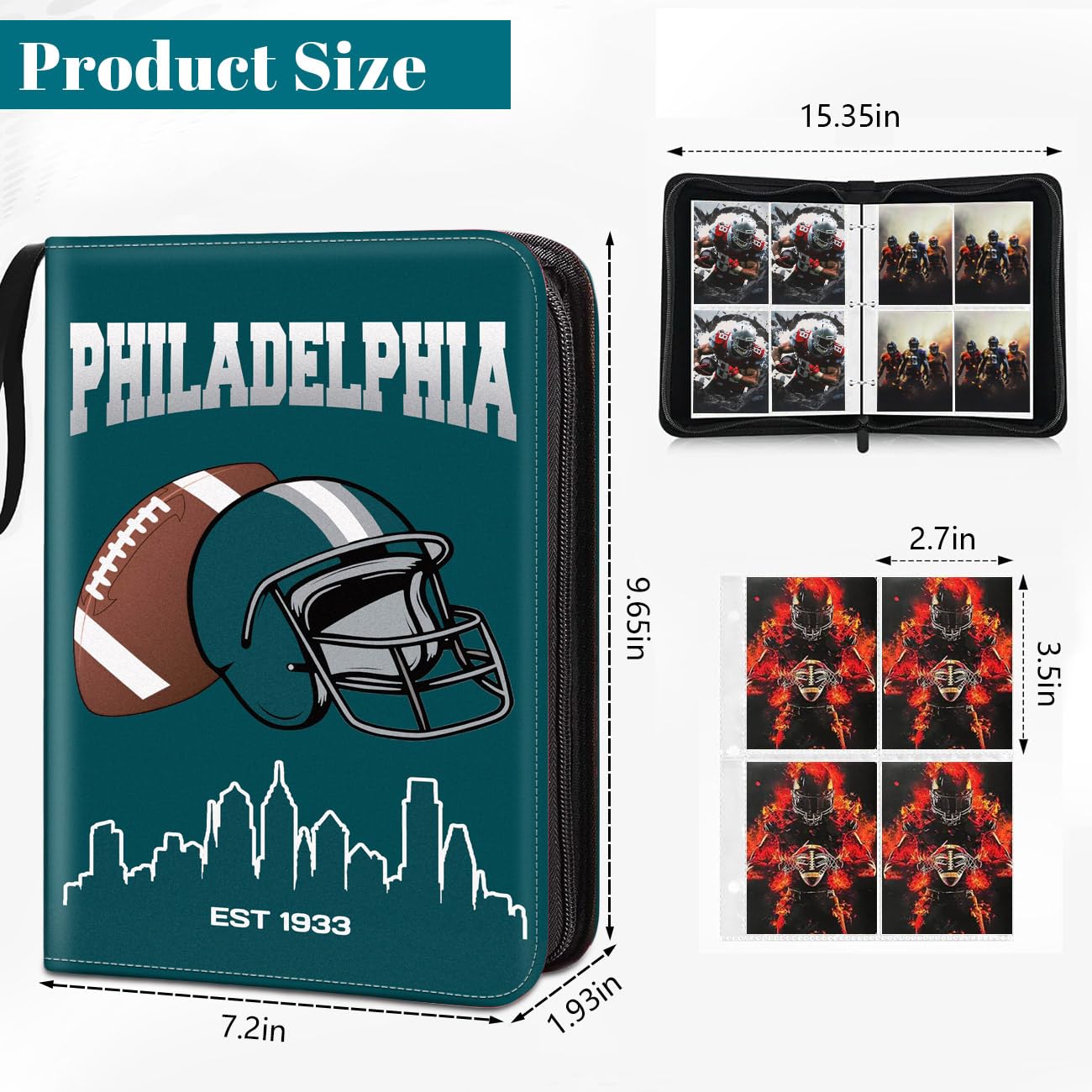 Football Card Binder, Philadelphia Trading Card Holder Protectors, 4 Pocket Fits 400 Cards with 50 Removable Sleevesves Card Storage Album