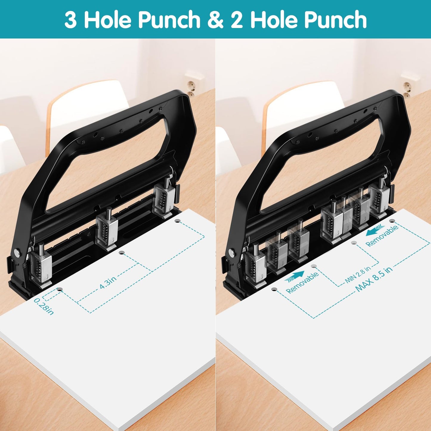 AFMAT 3 Hole Punch Heavy Duty, 9/32" Holes, 50-Sheet Hole Puncher 3 Ring, 50% Reduced Effort, Adjustable Two & Three Hole Punch, Metal Paper Puncher w/Large Chip Tray, Metal Paper Guide, Black, HP18