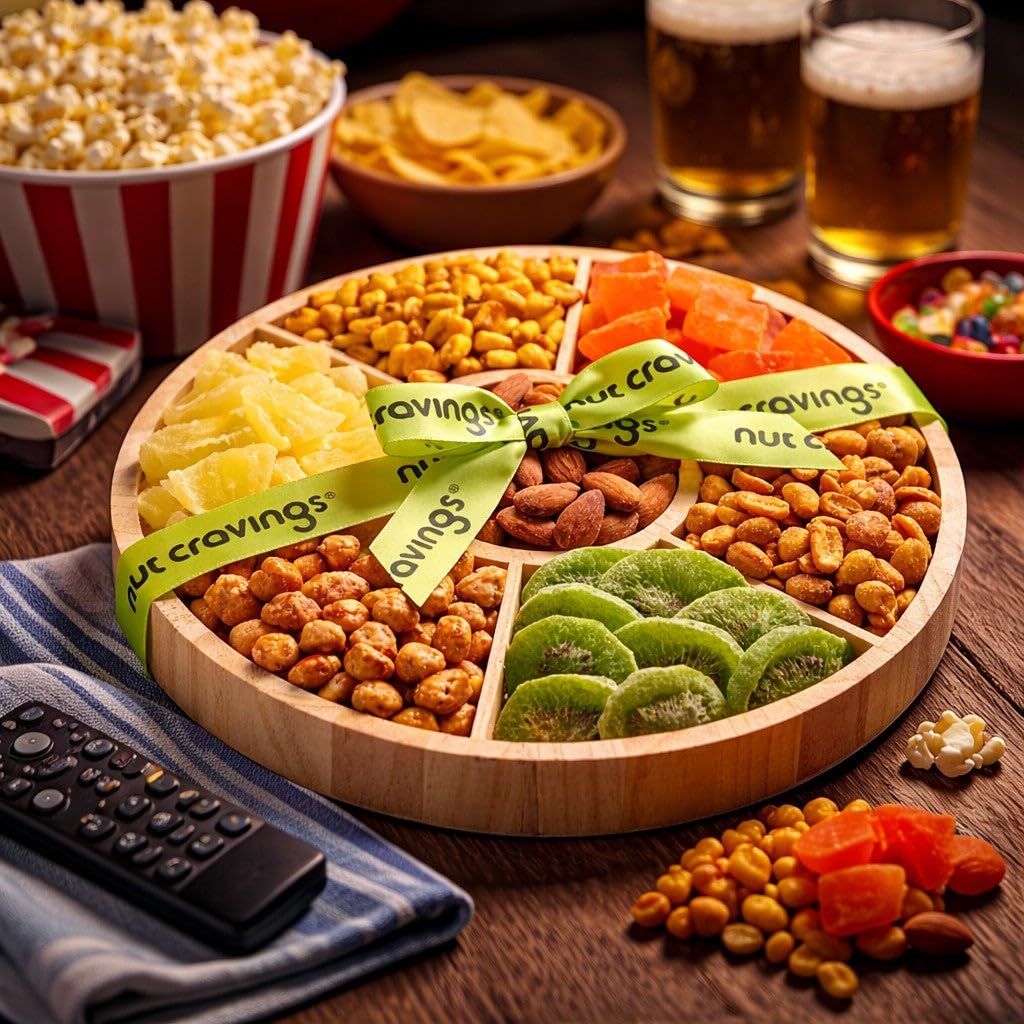 NUT CRAVINGS - Dried Fruit & Mixed Nuts Gift Basket in Reusable Round Wooden Tray + Ribbon (7 Assortments) Food Arrangement, Healthy Snack Care Package, Kosher Treats for Adults