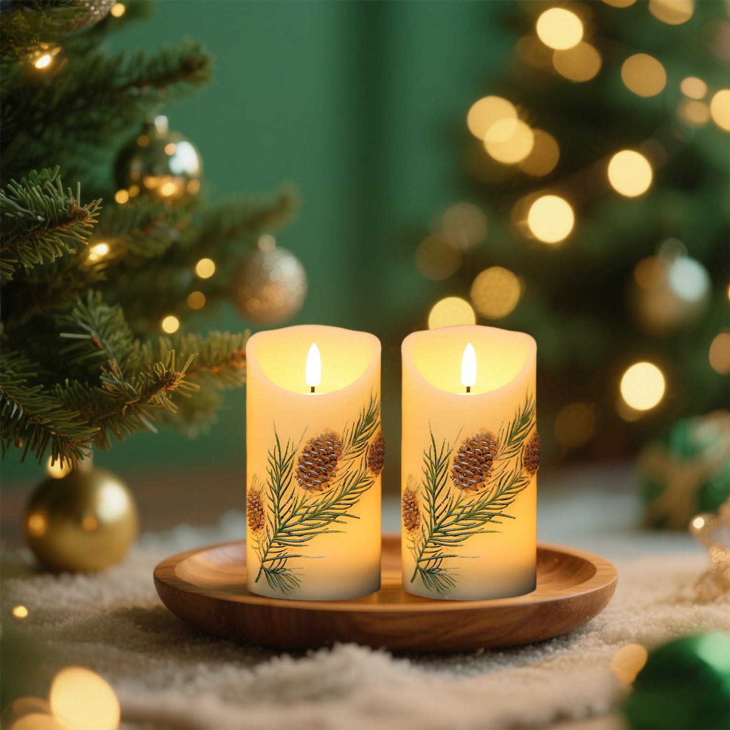 Eldnacele Christmas Flameless Candles with 6 Hour Timer, Battery Operated Hand Painted Pine Cone Real Wax 3D Wick Flickering LED Pillar Candles for Dinner Indoor Holiday Xmas Decor(2Pcs, D3×H5.7)