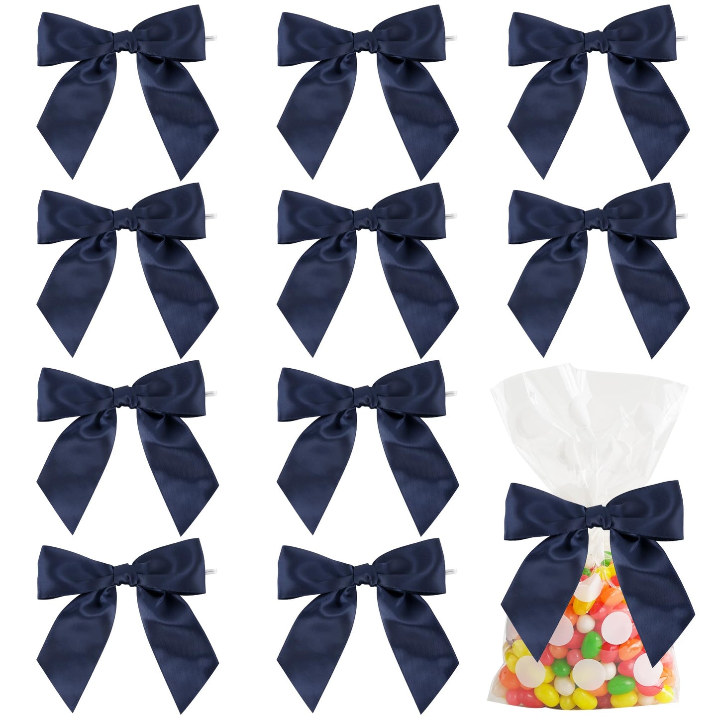 AIMUDI Navy Satin Ribbon Twist Tie Bows for Treat Bags 4.5" Pre-Tied Navy Blue Bows for Christmas Tree Blue Ribbon Bows for Crafts Premade Bows for Gift Wrapping Baby Shower Party Favors - 36 PCs