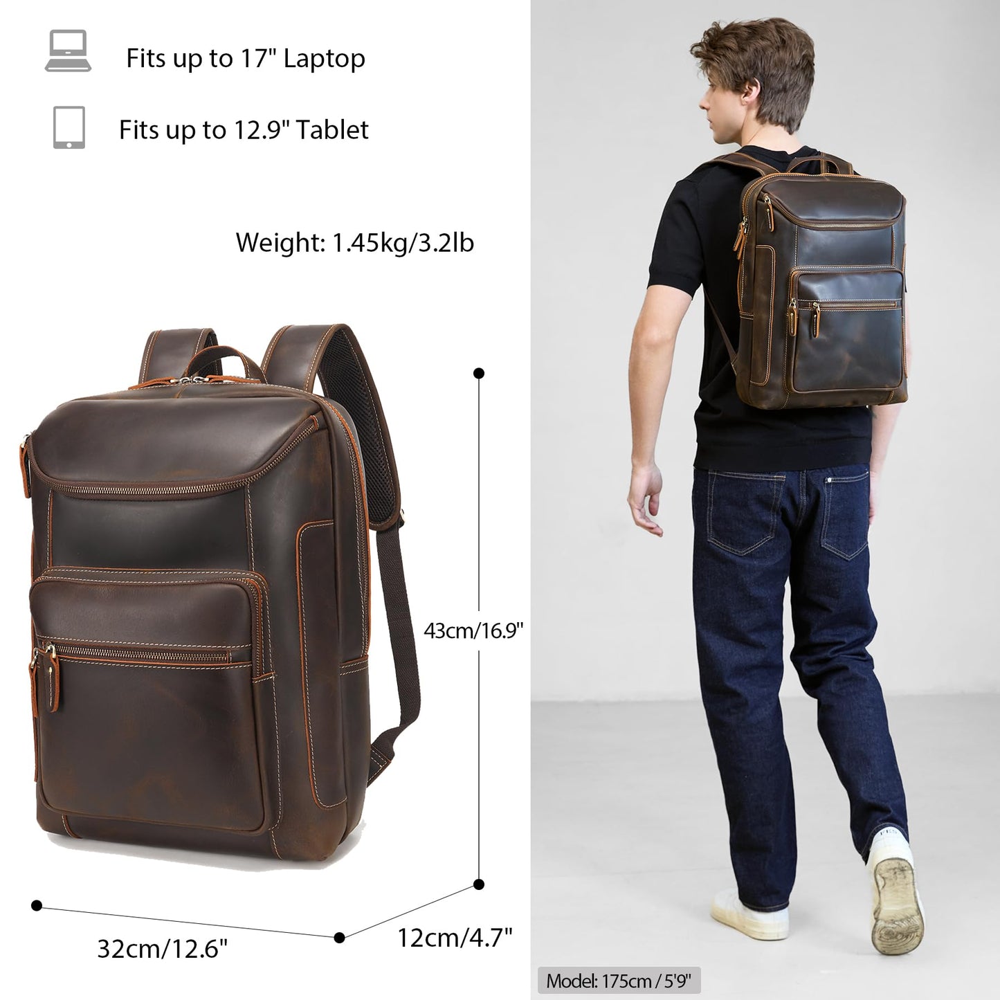 LANNSYNE Full Grain Leather Backpack For Men, 17" Laptop Backpack, Casual Outdoor Business Travel Rucksack, YKK Zippers