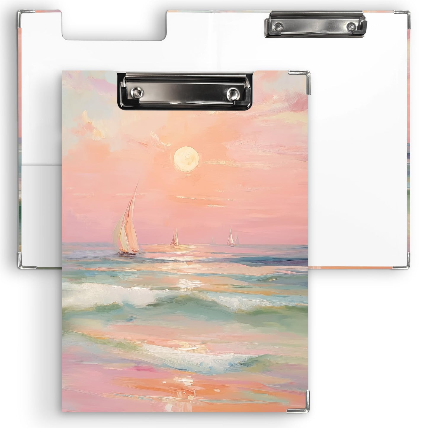 KU-DaYi Pink Coastal Beach Clipboard Padfolio with Storage Pocket, Beach Gifts for Women, Pastel Coastal Beachy Sailboat Low Profile Clip Boards for Nurse Office Classroom, 12.4 x 9.25 in