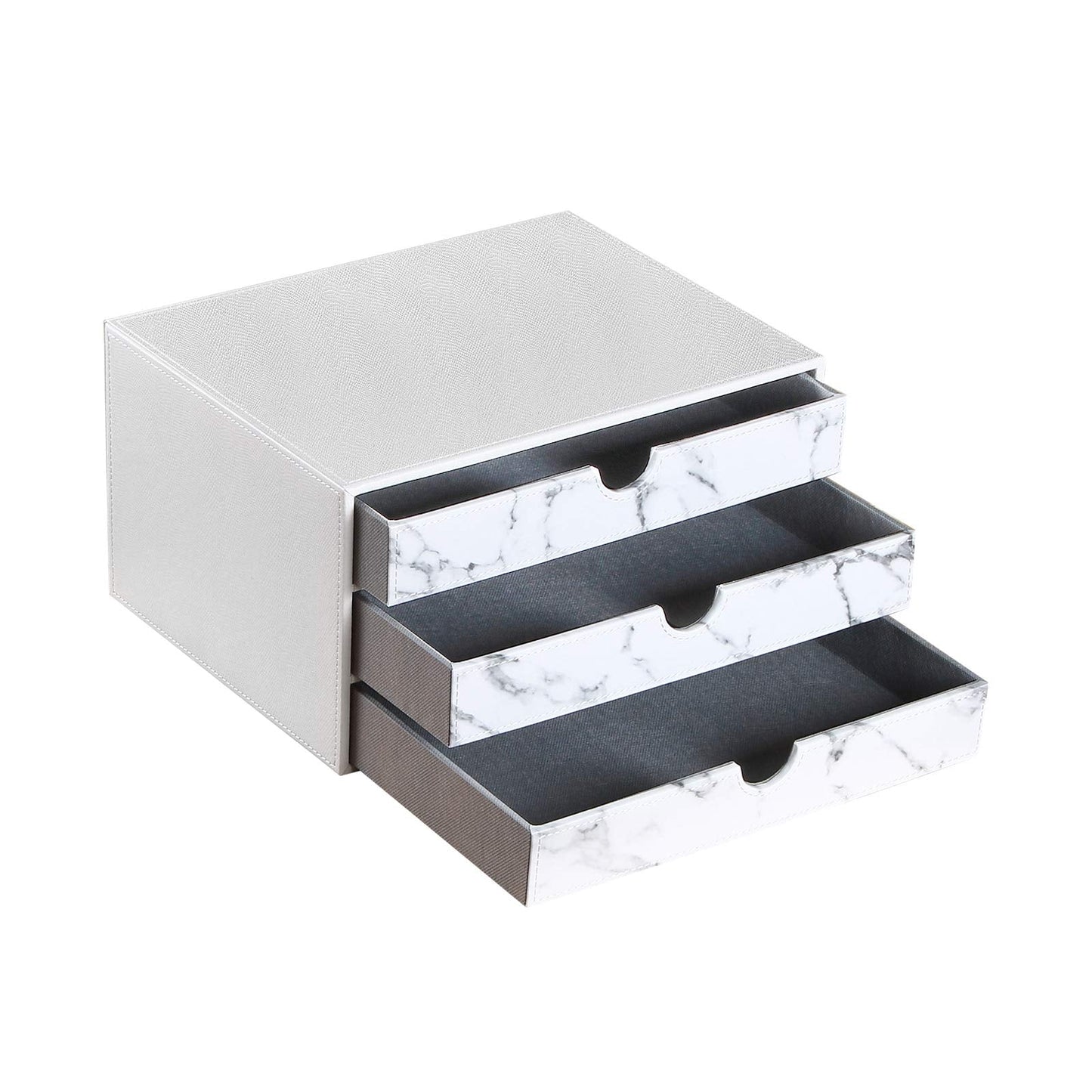 Arniche 3-Drawer Leather Desk Organizer with A4 File Holder-Stackable Modular Storage Box for Office Supplies,Files,Bills & Jewelry-Space-Saving Design for Home Office,Desk & Workspace(White)