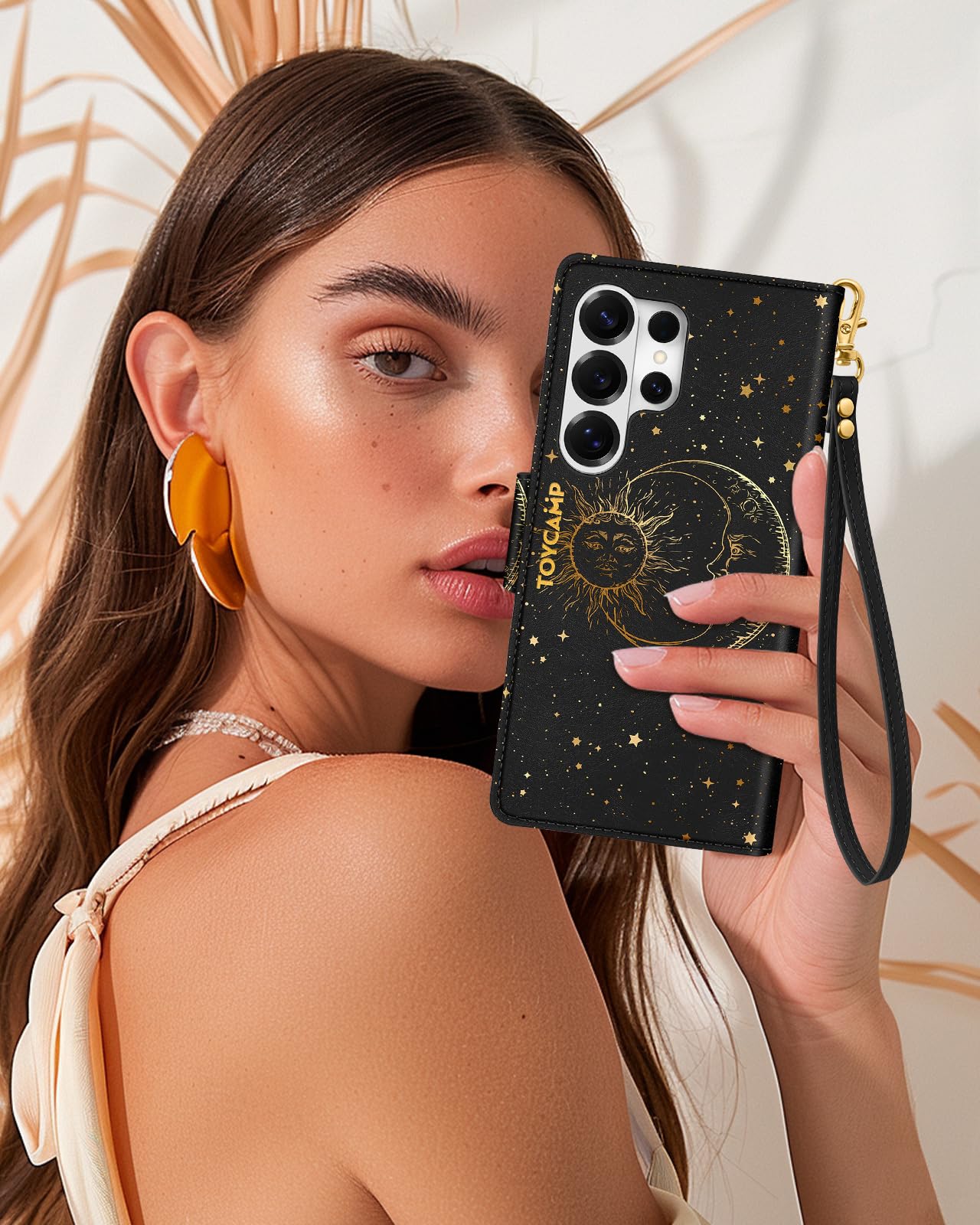 Toycamp for Samsung Galaxy S26 Ultra Wallet Case with Wrist Strap - Leather Flip Folio Phone Case with RFID Blocking 4 Card Slots Galaxy S26 Ultra Funda Cute Aesthetic for Women Lady, Black Sun Moon