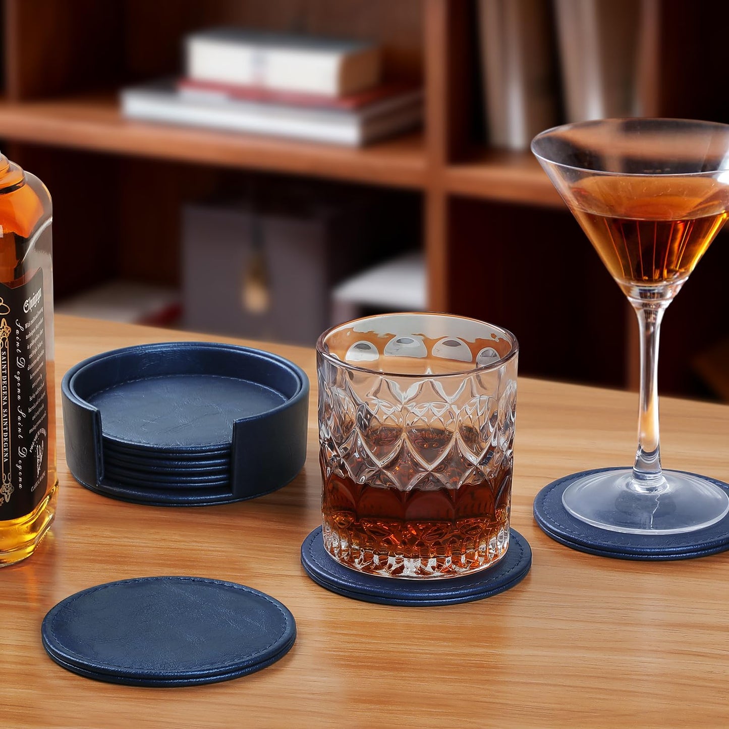 Leather Coasters Set of 6 with Holder, Tabletop Protection, Coffee Table & Bar Decoration, Modern-Style Drink Coasters Suitable for Home Dining Tables & Kitchen Accessories (Blue)