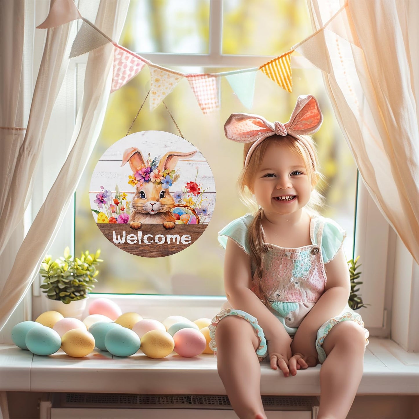 Walasis Easter Decorations for Front Door: Bunny Rabbit 3D Welcome Sign for Wall Decor Easter Wreaths Hanging for Home