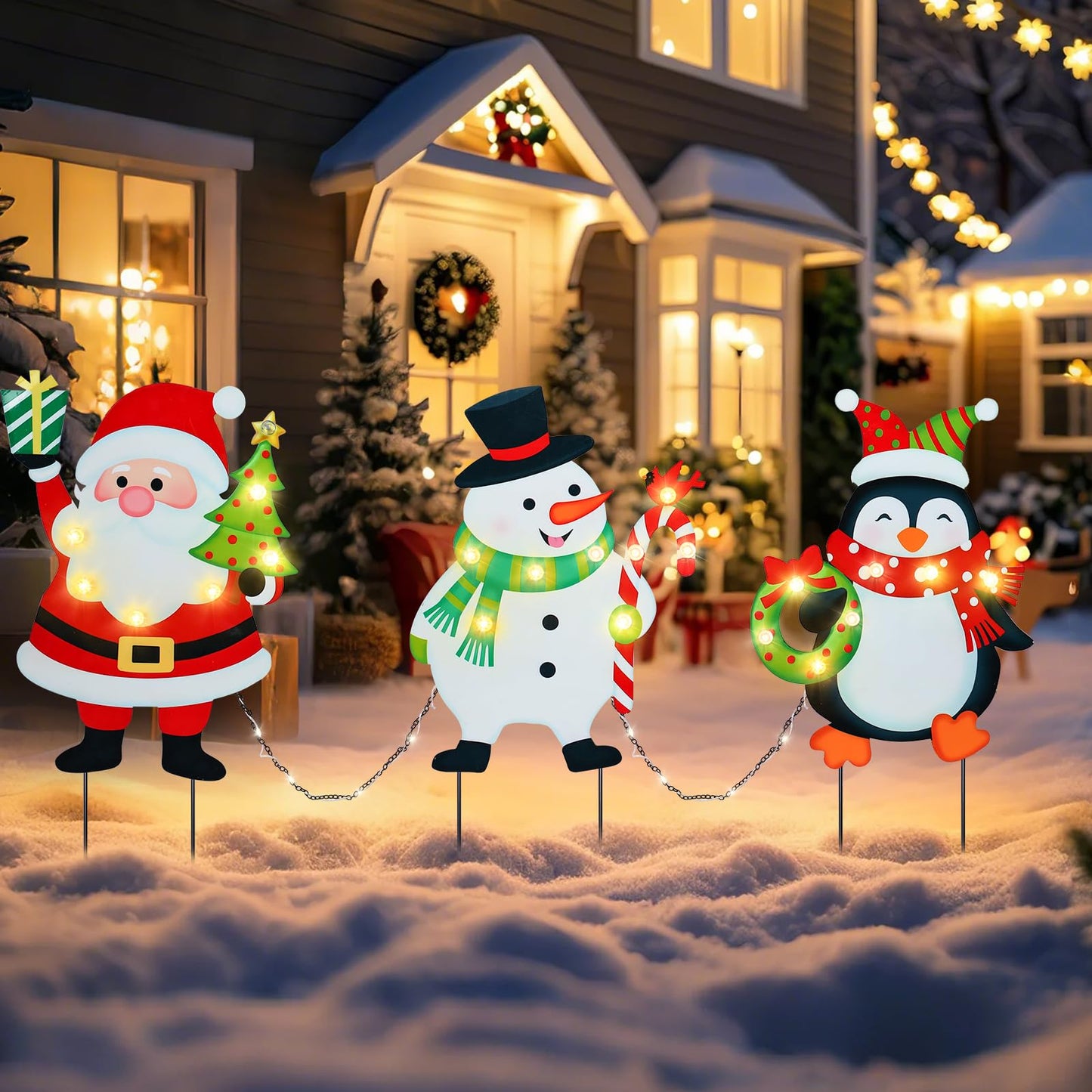 WONDER GARDEN Christmas Yard Stakes, 3 PCS LED Light Xmas Yard Signs with Santa Claus, Snowman, Penguin Christmas Yard Decorations for Lawn Party Decorations