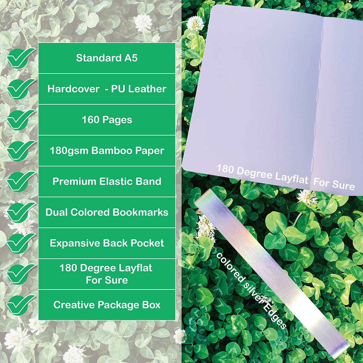 BUKE Dotted Notebook Journal 180GSM Bamboo Thick White Paper 160 Pages 5 * 5MM Dot Grid, Lay Flat Binding,Colored Silver Edges, Bookmarks and Expandable Back Pocket (BKP-5)