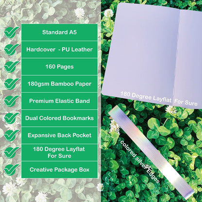 BUKE Dotted Notebook Journal 180GSM Bamboo Thick White Paper 160 Pages 5 * 5MM Dot Grid, Lay Flat Binding,Colored Silver Edges, Bookmarks and Expandable Back Pocket (BKP-5)