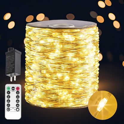 Warm White 164Ft Plug in Fairy Lights Silver Wire 500 LEDs, 8 Modes, Waterproof, Remote - Controlled for Bedroom, Garden, Party, Christmas, Wedding & Birthday Decor, Indoor & Outdoor Use