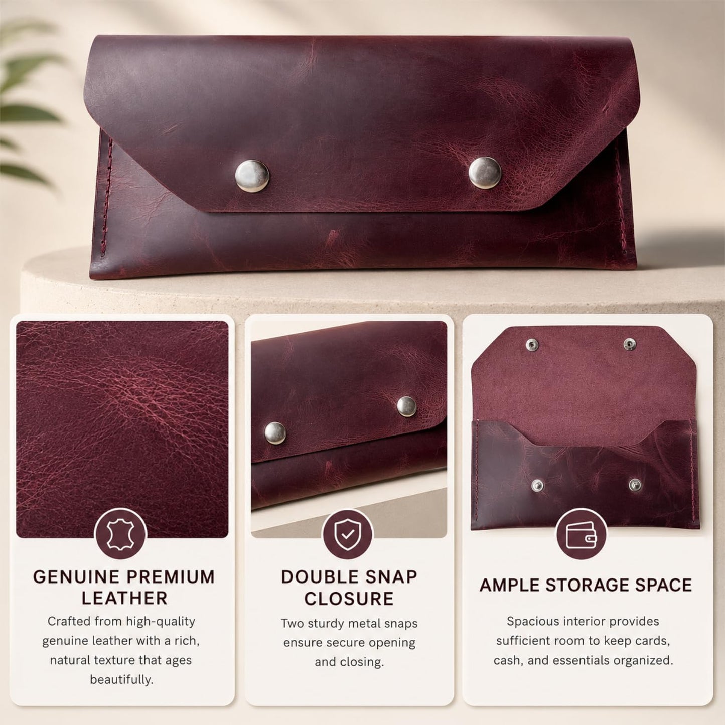 ZEMARS Genuine Leather Cash Envelope Wallet, Two Snap Money Pouch for Men and Women, Reusable Budget Envelope Wallet, Slim Organizer for Cash, Cards, Receipts, Checks and Keys (Burgundy)