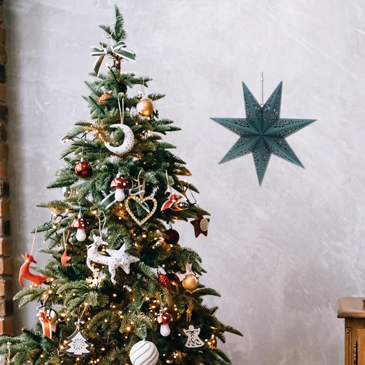 KALLORY 3 Pcs Christmas Star Paper Lantern Lampshade 7-Pointed Hollow Out Star Hanging Decoration for Christmas New Year Party Wedding Birthady Decor