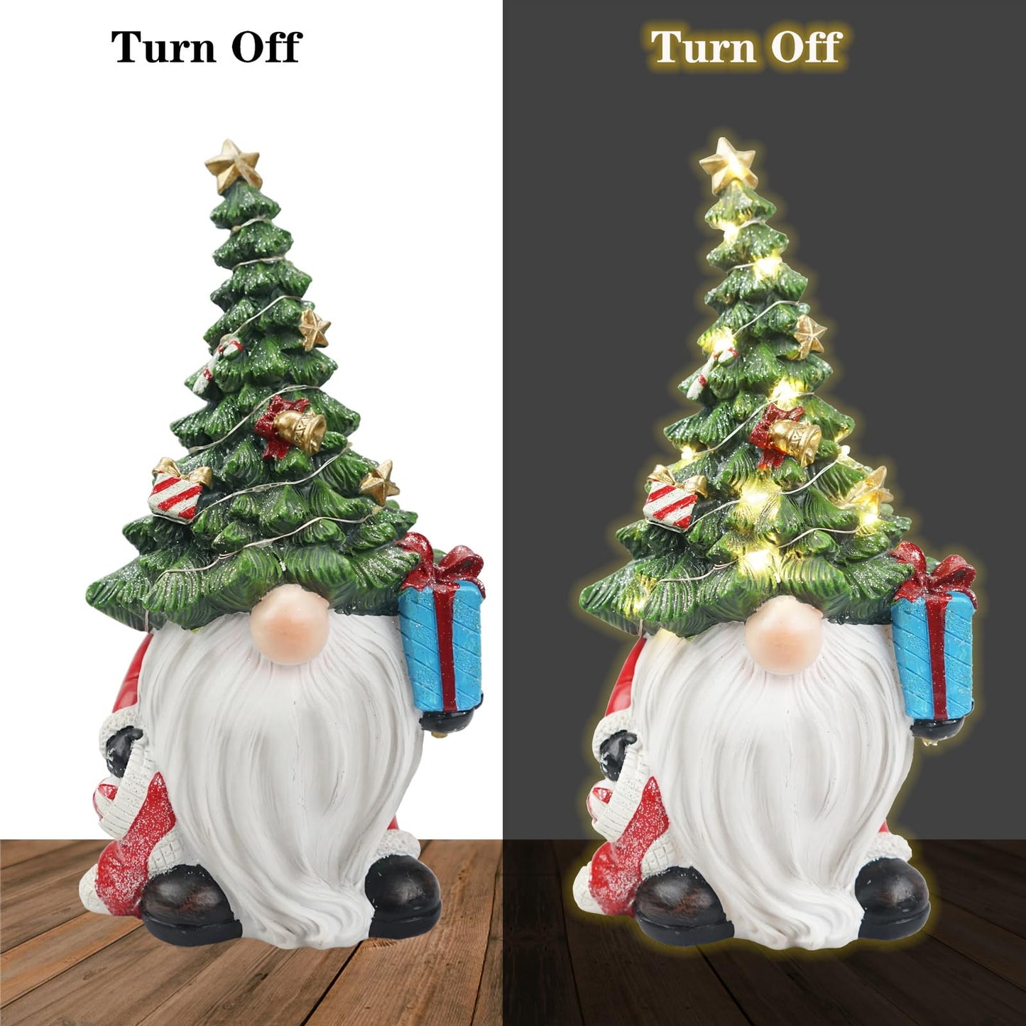 Lighted Christmas Tree Gnome Decoration -11 Inch Resin Xmas Gnomes Figurine Light Up for Holiday Winter Indoor Home Table Decor