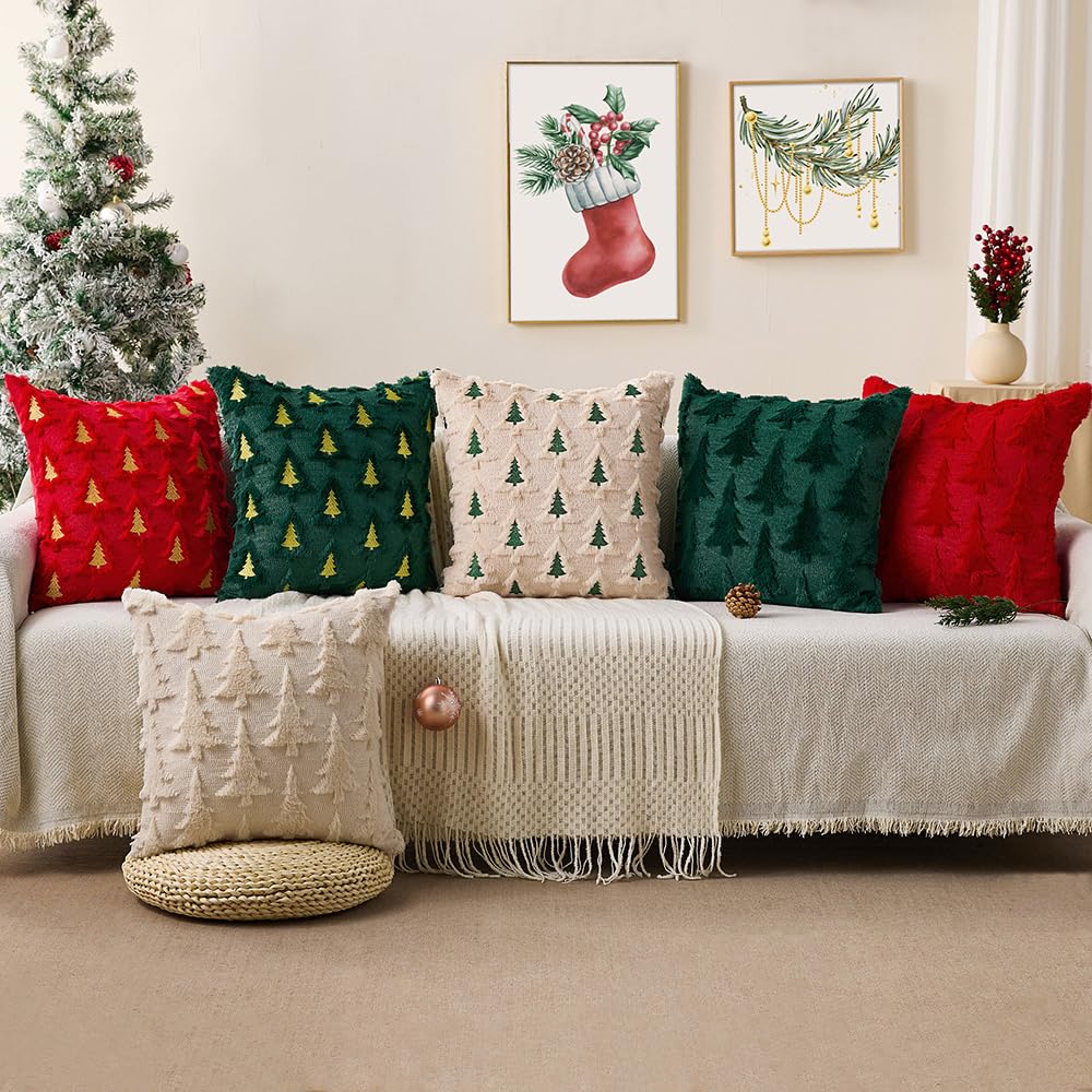 Allorry Christmas Pillow Covers 18x18 Set of 2 Beige Double Xmas Tree Pillow Covers Soft Plush Faux Fur Christmas Decorations for Xmas Winter Holiday Home Bedroom Sofa Cushion Cases PT-008C18