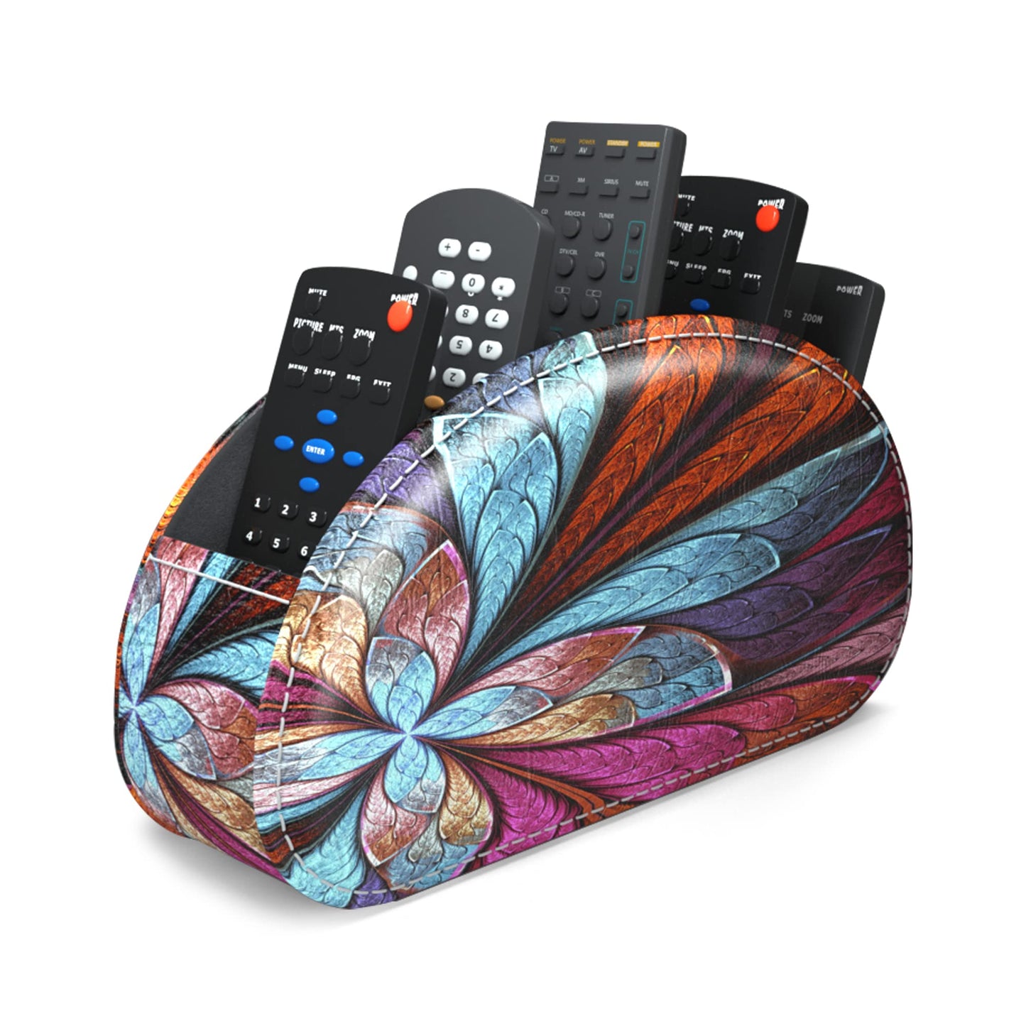 QIELIZI PU Leather Remote Caddy Desktop Organizer with 5 Spacious Compartments for TV Remotes/Media Controllers/Office Supplies (Fractal Flower)