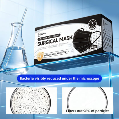 CHAOYA Surgical Masks,Black Face Masks Disposable,Individually Wrapped,50 Pack,Comfy,Breathable