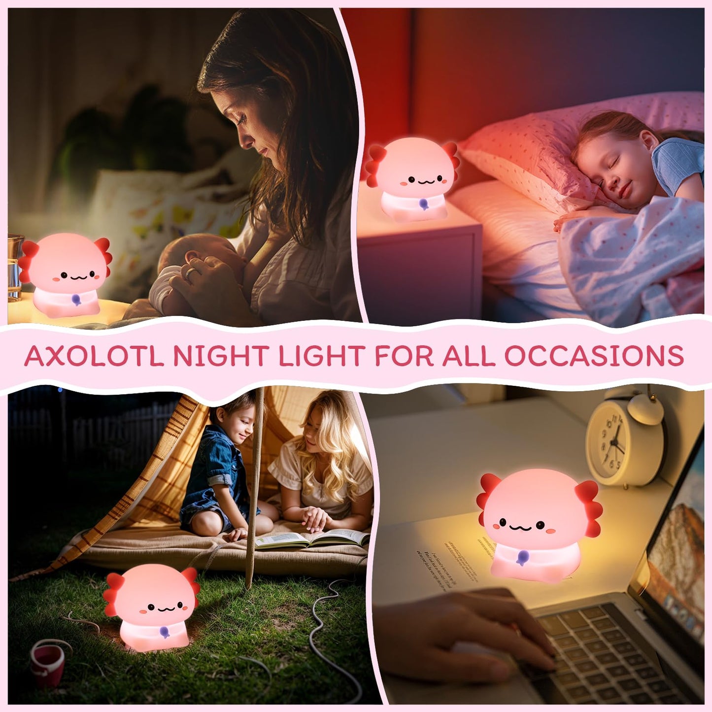 MAGOHMT Axolotl Night Light for Kids - 3-Level Dimmer & Auto-Off Timer, Child-Safe Silicone Lamp, USB-C Rechargeable Nursery Light for Bedroom Breastfeeding (Squishy Animal)