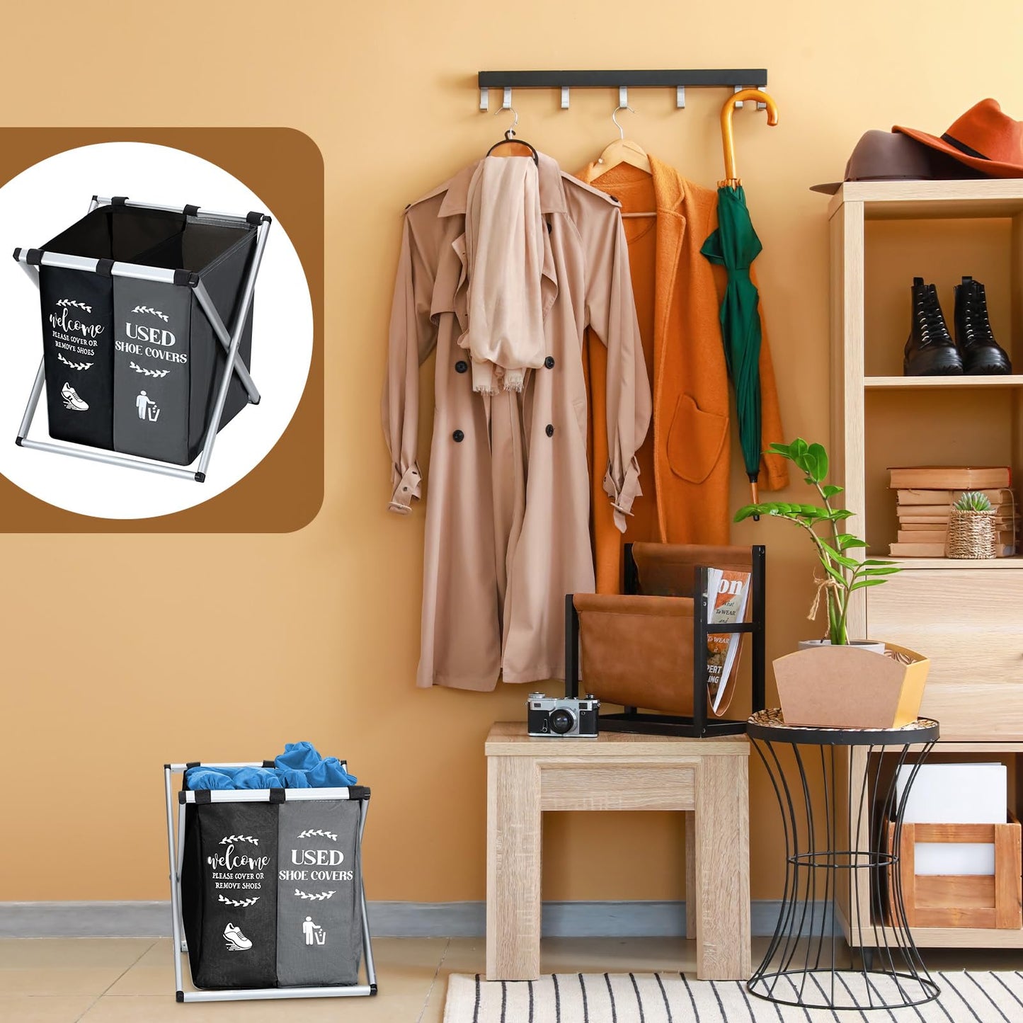 Wonderjune Foldable Disposable Shoe Cover Box Dispenser Fabric Storage Bin Holder with Used Shoe Covers and Welcome Please or Remove Sign for Open House Supplies(Black, Gray)