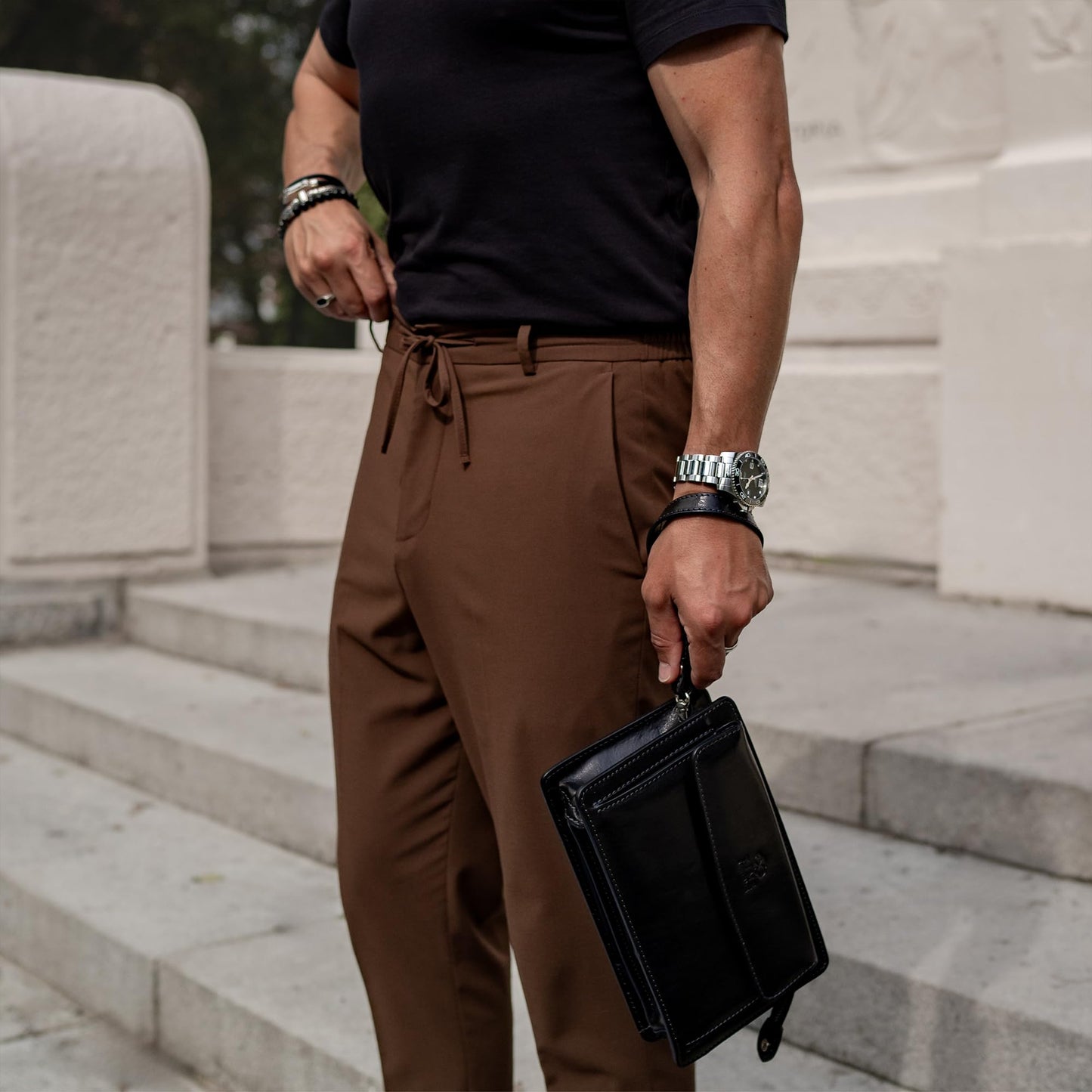 Time Resistance Leather Clutch for Men - Organizer Wrist Bag Briefcase - Handmade in Italy (Black) - Gift Box Included