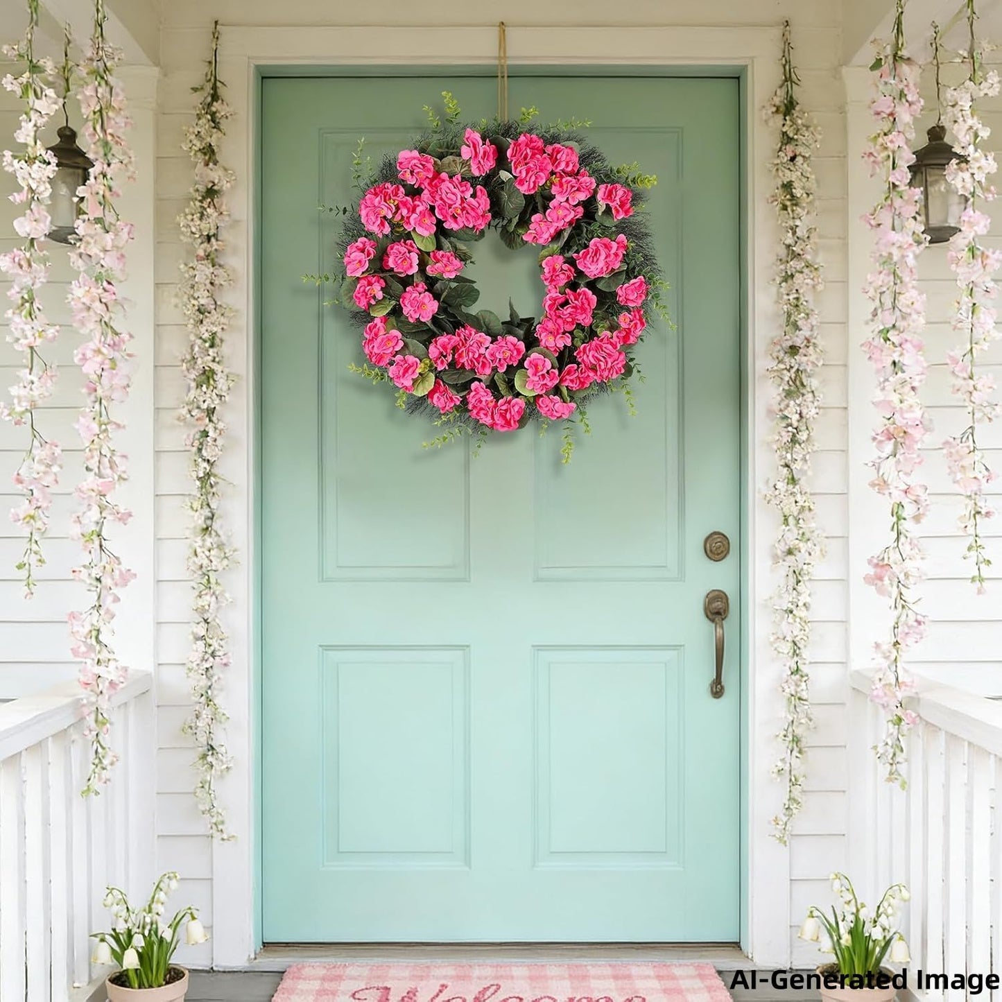 KuiMen Rose Red Artificial Geranium Wreath, 22 Inch Spring Summer Wreaths for Front Door with Blessed Hanging Sign, for Rustic Farmhouse Entryway Porch Balcony Decor