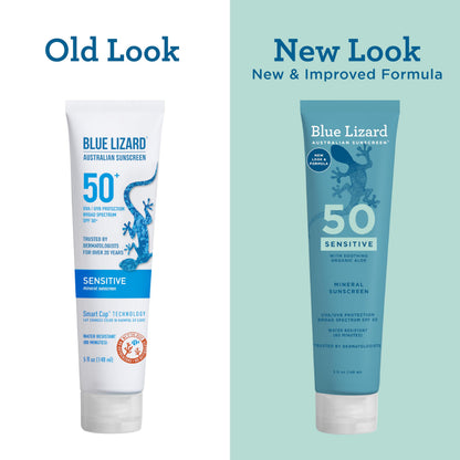 BLUE LIZARD Sensitive Mineral Sunscreen with Zinc Oxide 50+ Water Resistant UVAUVB Protection with Smart Cap Technology Fragrance Free, Sensitve, SPF 50 - - Tube, Unscented, 5 Fl Oz