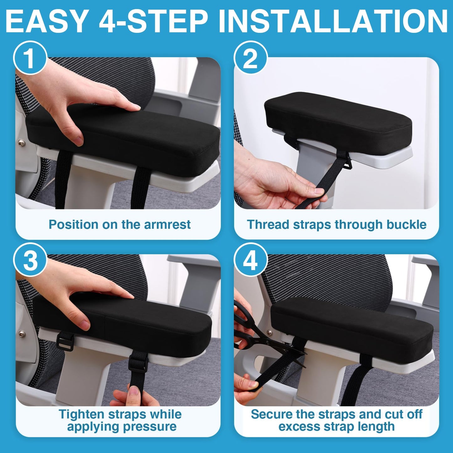 Smiry Ergonomic Office Chair Armrest Pads, Memory Foam Arm Rest Covers, Non-Slip Armrest Cushion with Adjustable Buckles and Straps, Elbow Relief for Desk, Gaming & Wheelchair (Black, Set of 2)