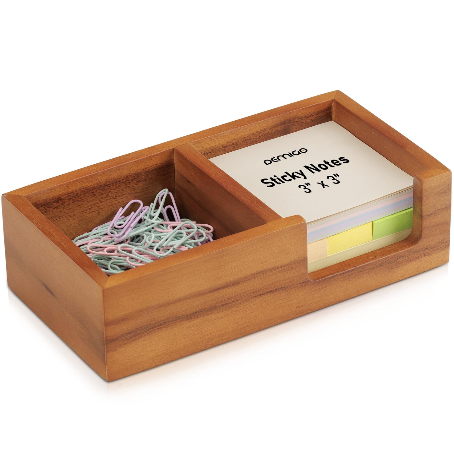 Demigo Wooden Sticky Note Holder for Desk – Solid Acacia Wood Organizer for 3x3 Note Pads, Paper Clips, Office Supplies – Compact Memo Pad Holder for Home Office, Teachers