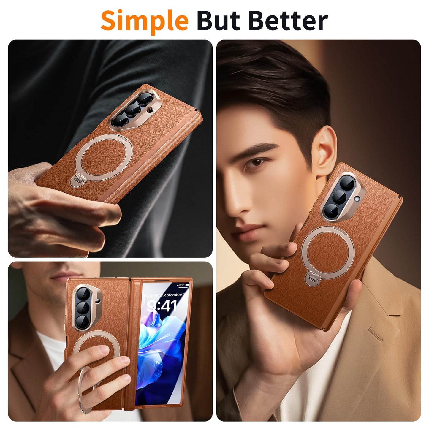 RUIMMU for Samsung Galaxy Z Fold 7 Case - Luxury Leather Texture Zfold 7 Case with Screen Protector, Kickstand and 360° Ring Holder Brown