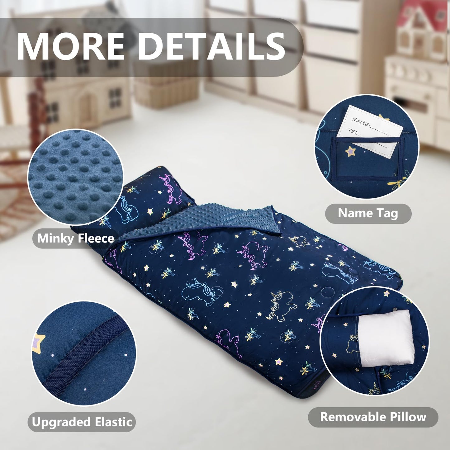 Primlect Thickened Toddler Nap Mat with Removable Pillow and Minky Blanket, Extra Large 55''x35'' Sleeping Bag, Washable, Roll up, Perfect for Daycare, Preschool, Kindergarten, Boys and Girls Unicorn