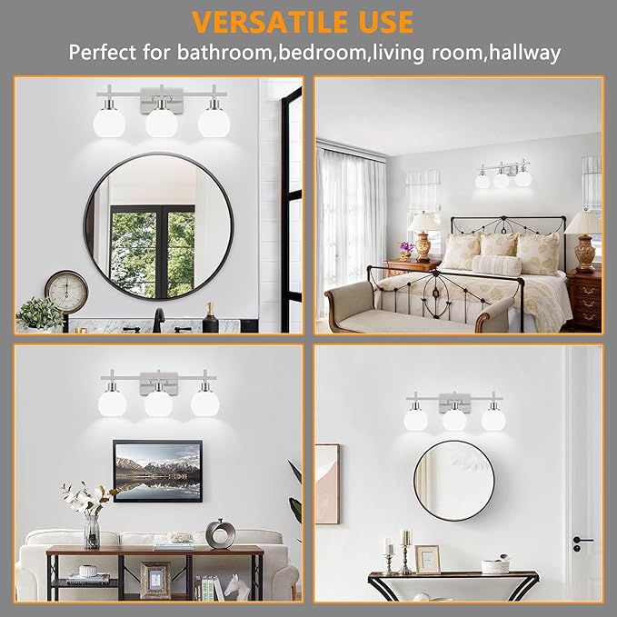 Modern Vanity Lighting Fixtures,3-Light Bathroom Lighting Fixtures Over Mirror，Brushed Nickel Wall Mounted Bathroom Vintage Lamp with Milky White Glass Lampshade for Living Room，Bedroom