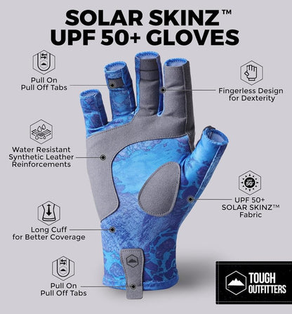 Tough Outdoors UPF 50+ Fishing Gloves - Sun Protection Kayaking Gloves for Men & Women - Lightweight Fingerless SPF Gloves for Watersports - Navy Blue