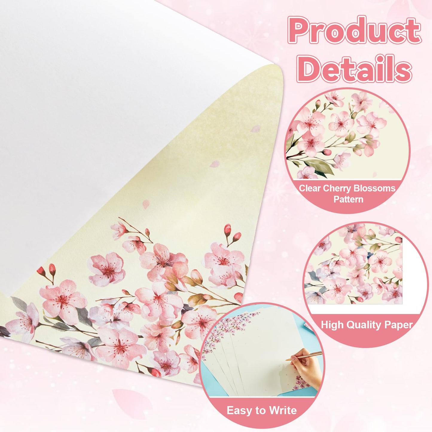 50Pcs Cherry Blossoms Letterhead with Envelopes Floral Cherry Blossoms Computer Paper Pink Floral Stationery Paper for Note Letters to Wedding Invitations Office School Printing Supplies 8.5 x 11 Inch