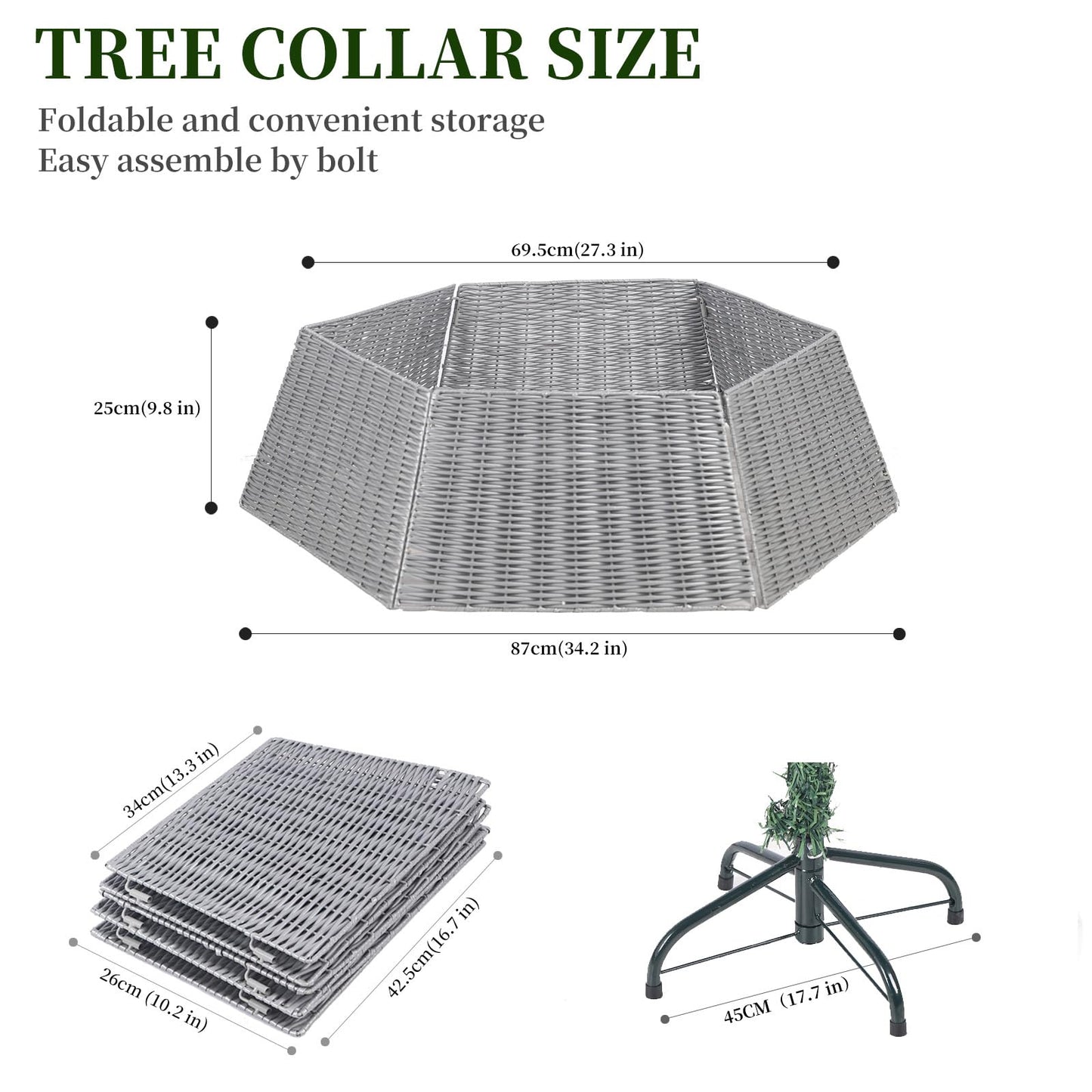 Vencer 34.2''Christmas Tree Collar,Plastic Rattan Xmas Tree Skirt,Rustic Decorations,Tree Skirt Base for Christmas Tree Decorations,Grey,CTS-G010