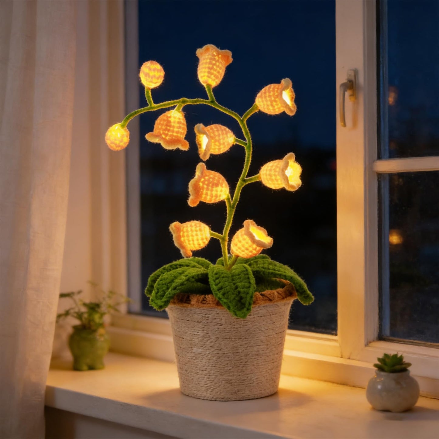 AVEKI Lily of Valley Lamp, Handmade Crochet Artificial Flower Lamp with Warm Light, Cute Desk Lamp for Bedroom, Battery Power Decor LED Night Light, Gift for Mom Daughter Girlfriend (Warm) (Yellow)